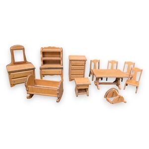 Vintage Wooden Dollhouse Furniture Lot Mission Table Chairs Cradle Dresser etc